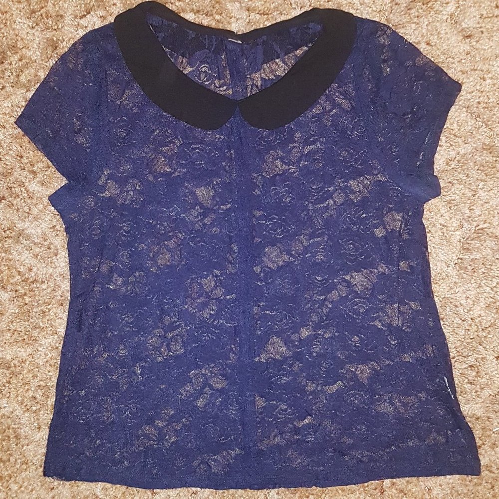 4/$20 Lace See through Blouse Shirt with Black Collar and Row of Buttons